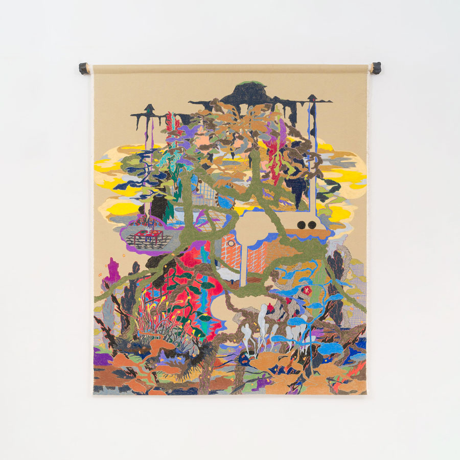 Dig-Deep-Jung-A-Lee-2023-Wax-Pastel-on-Canvas-with-Wood-and-Ceramic-Hanger-195-x-180-cm-1